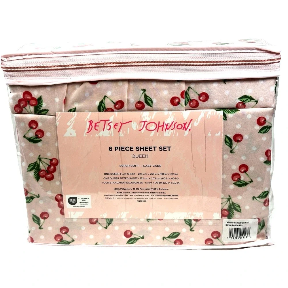 Betsey Johnson Queen 6 Piece Sheet Set Cherry Polka Dot Pink Bedding